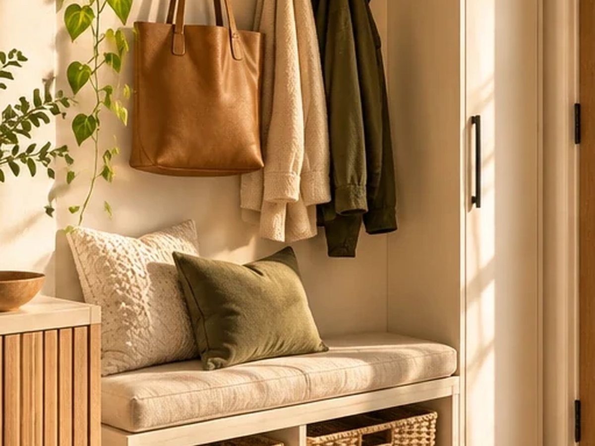 A warm organized narrow apartment entryway with cushioned shoe storage bench, woven baskets, wall hooks and a slim cabinet.