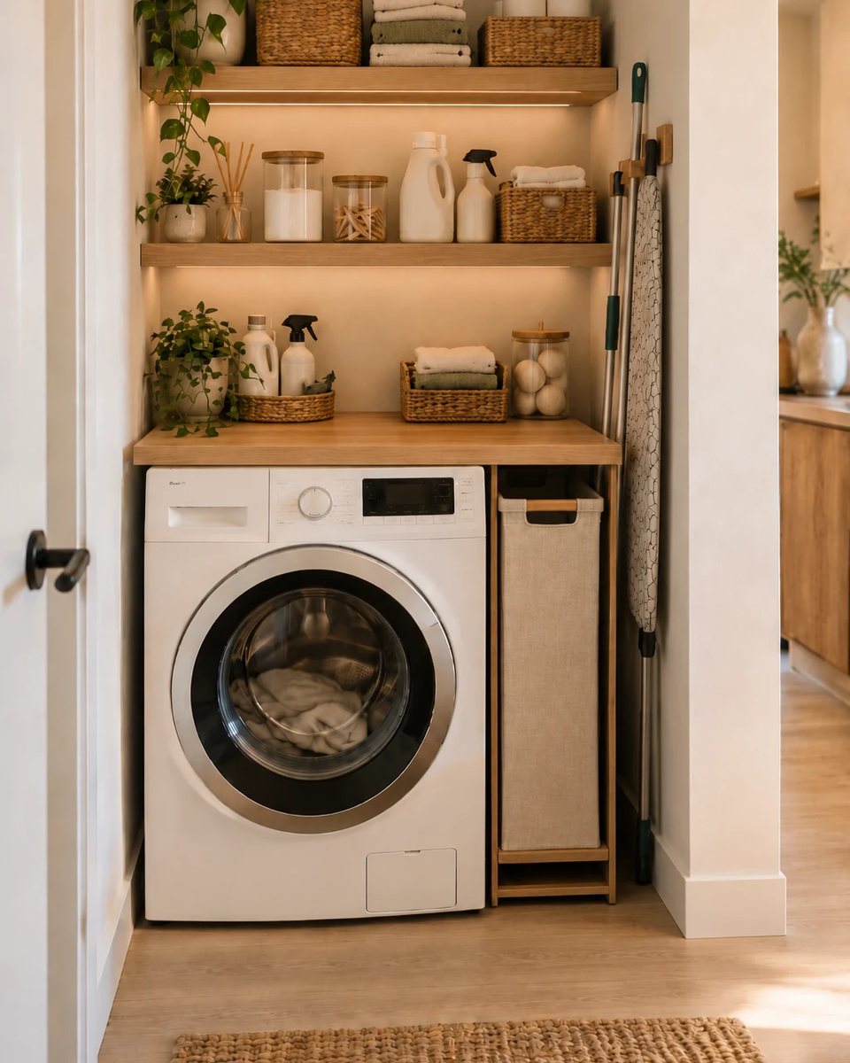 Same laundry alcove after transformation with new shelves, fitted-look work surface, soft lights and narrow hamper without a large round foreground basket. after the transformation