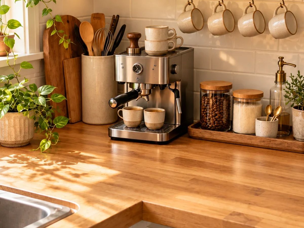 Warm sunlit compact kitchen coffee station with an espresso machine, hanging mugs, glass coffee canisters, and an uncluttered wooden worktop.