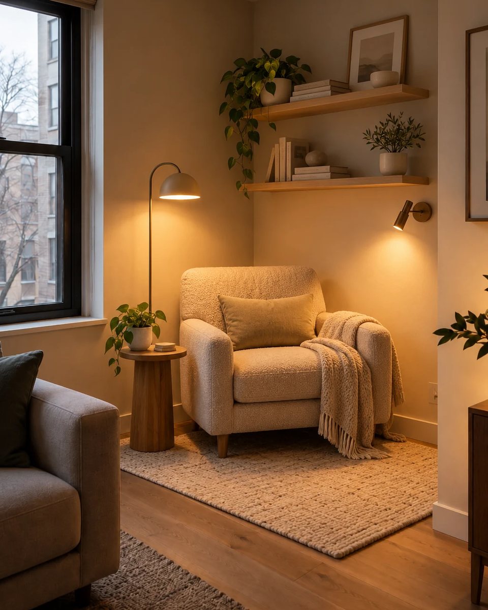Approved after transformation showing the identical room corner as a cozy illuminated reading nook with chair, shelves, lamps, table and rug. after the transformation