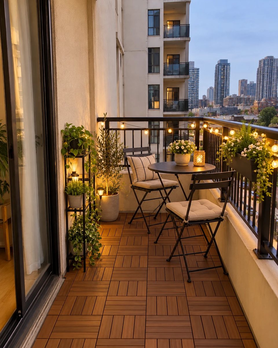 The approved after view of the same city apartment balcony after adding outdoor flooring, bistro seating, greenery, and lights. after the transformation