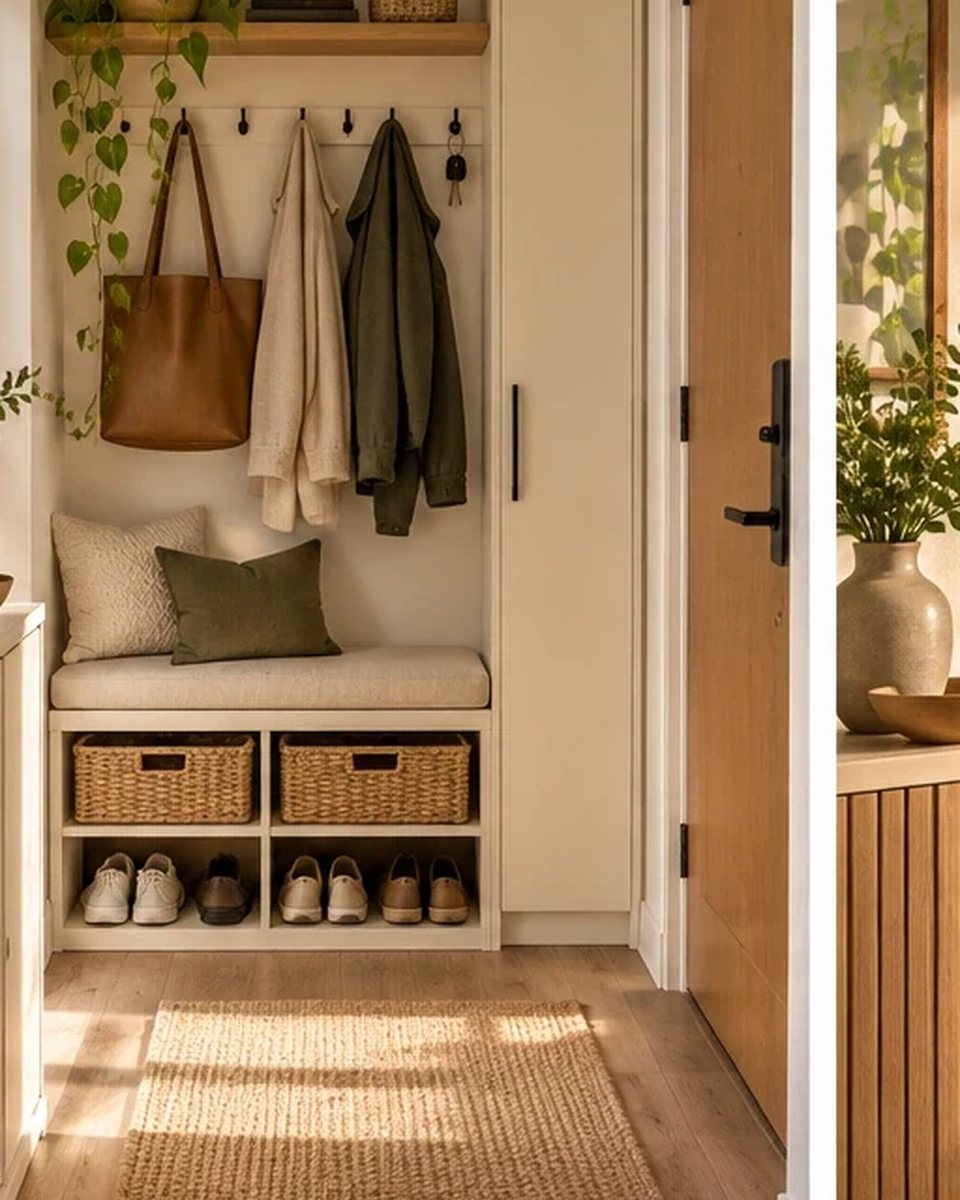 The same narrow entryway reorganized with a shoe bench, baskets and hooks, leaving a clear walking path. after the transformation