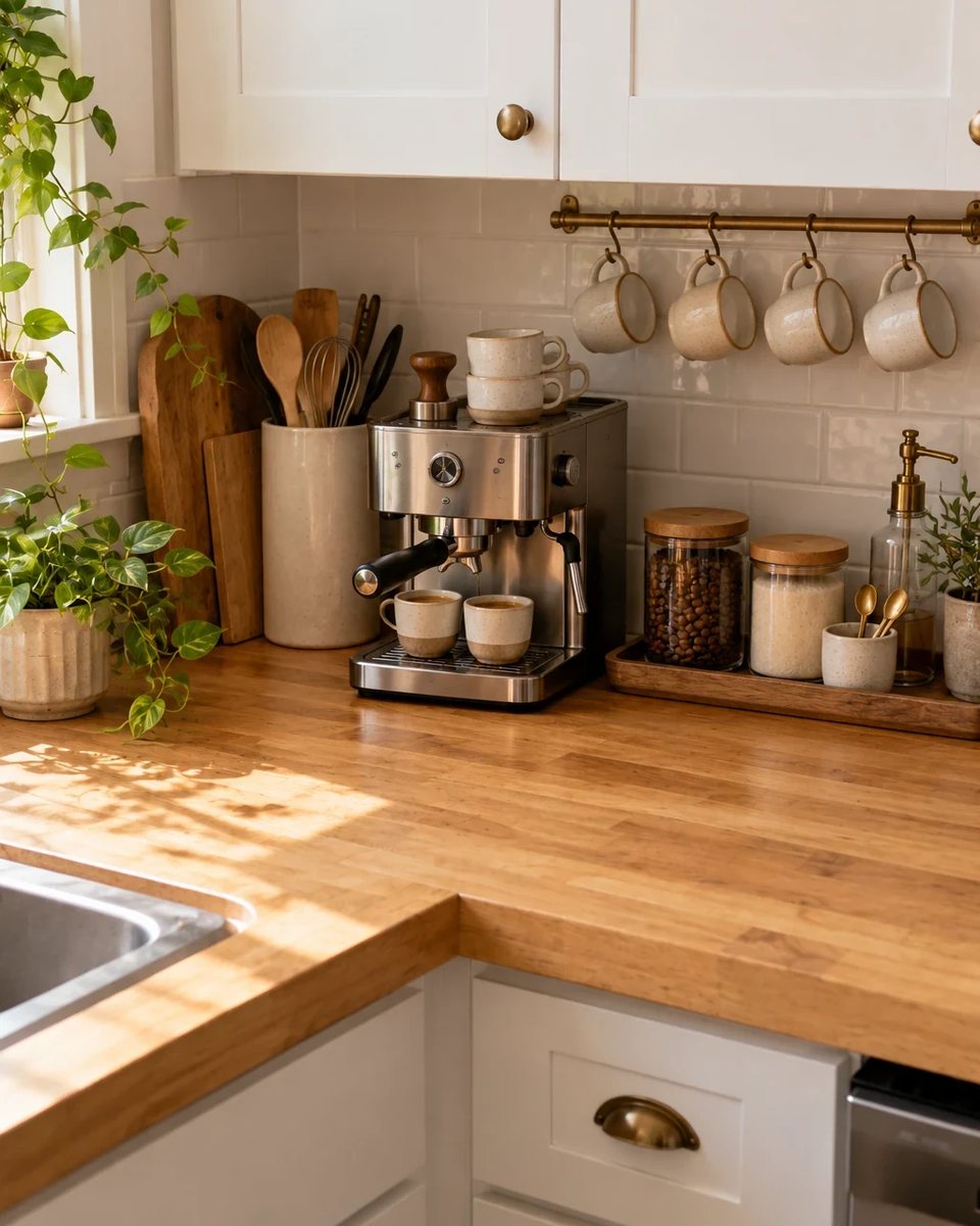 The compact kitchen corner after reorganizing, with an espresso machine, neatly stored coffee canisters, hanging mugs, and a clear wooden countertop. after the transformation