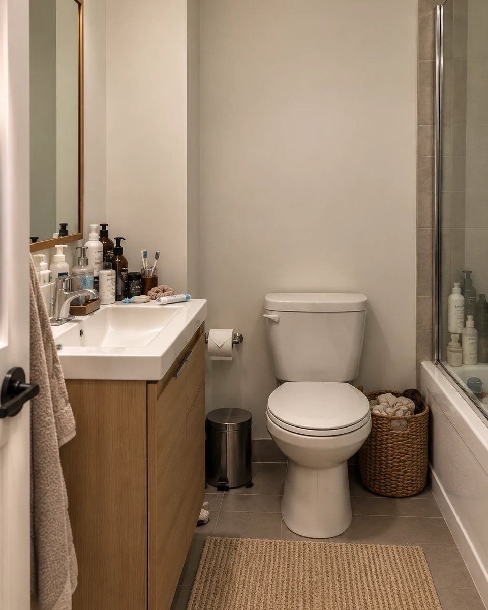 Approved small bathroom Before with crowded wood vanity and unchanged toilet and shower. before the transformation