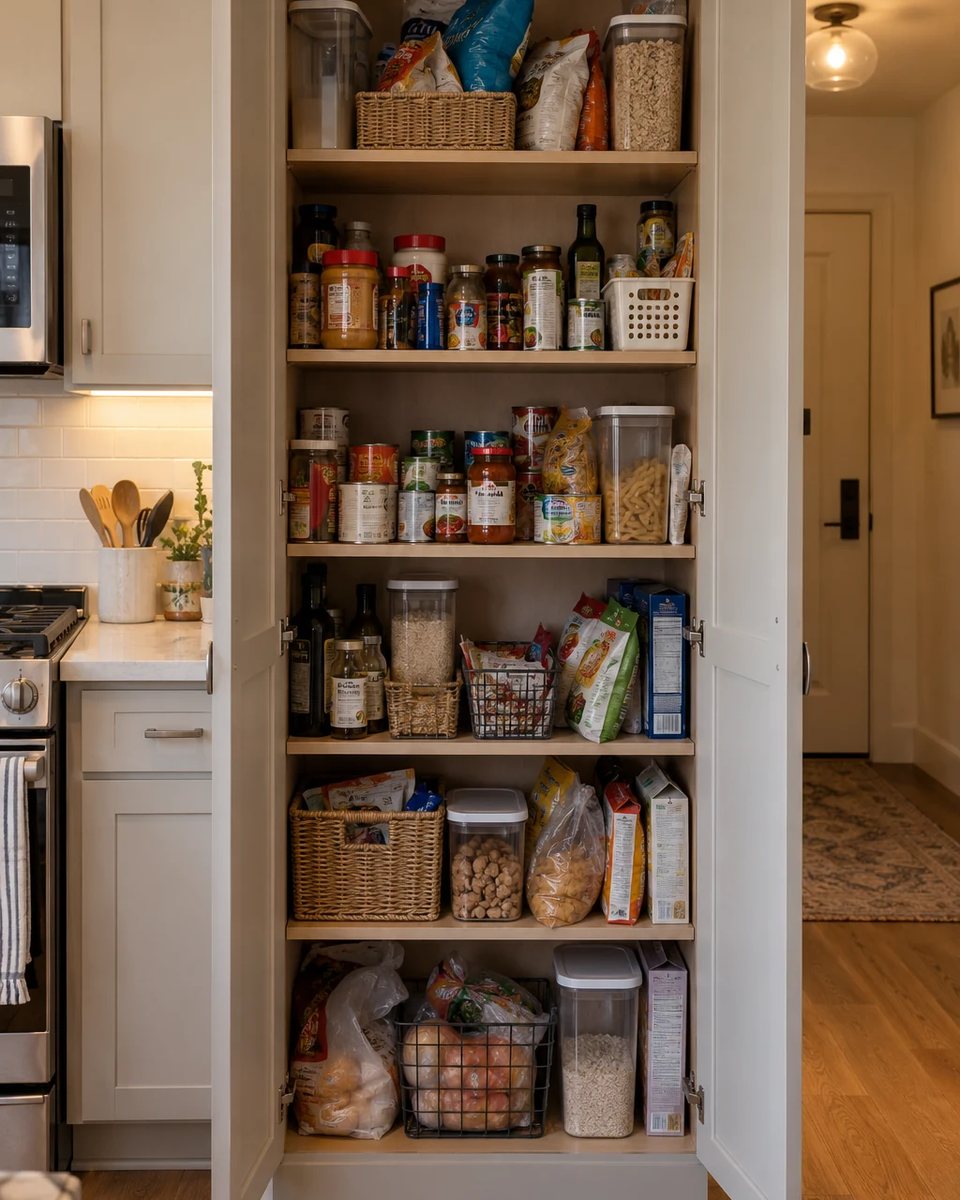 Original same tall cream kitchen cabinet before organizing, showing mixed bags, jars, tins and baskets on deep pantry shelves. before the transformation
