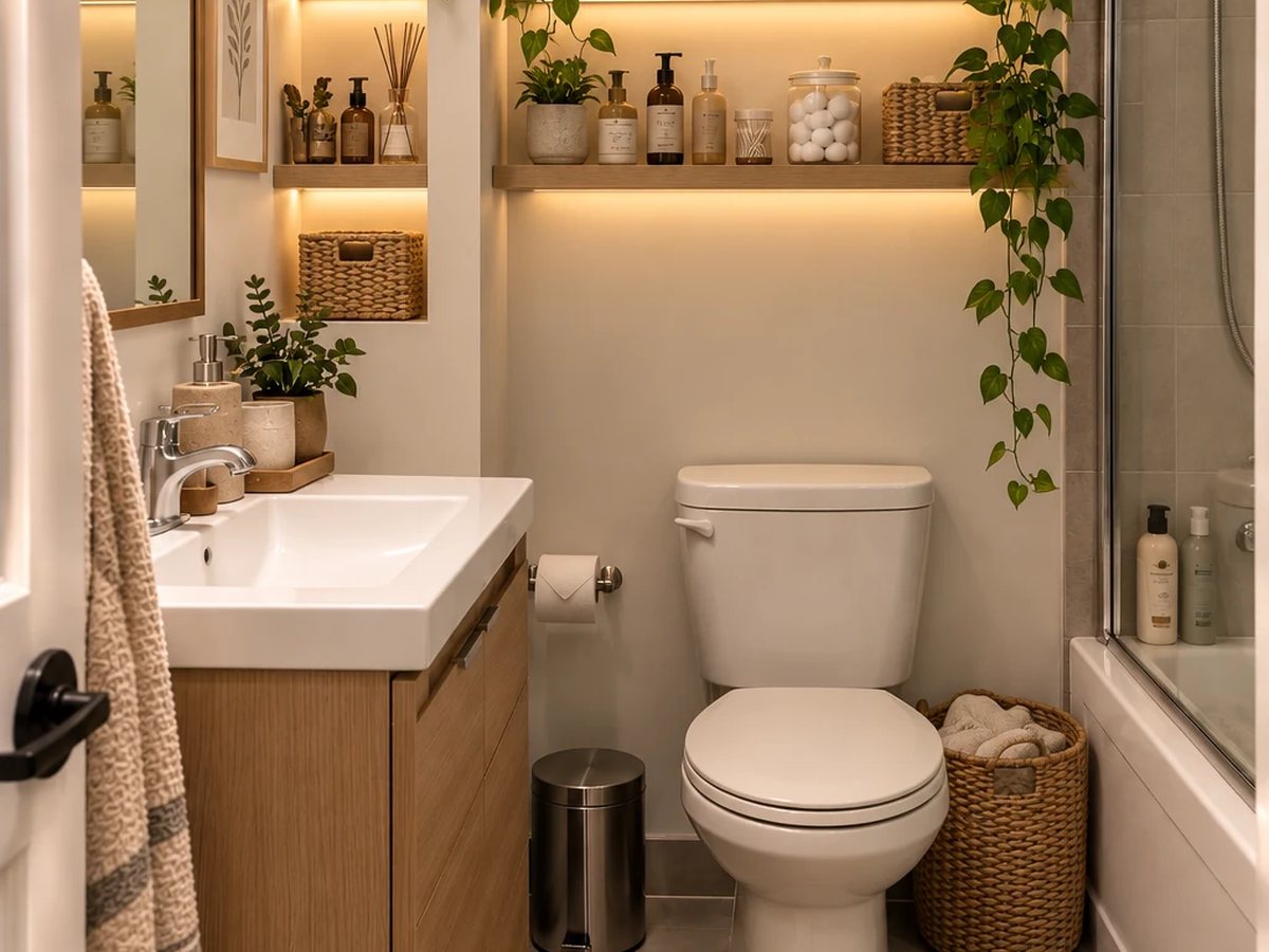 Approved small bathroom After with oak shelves, baskets and warm lighting.