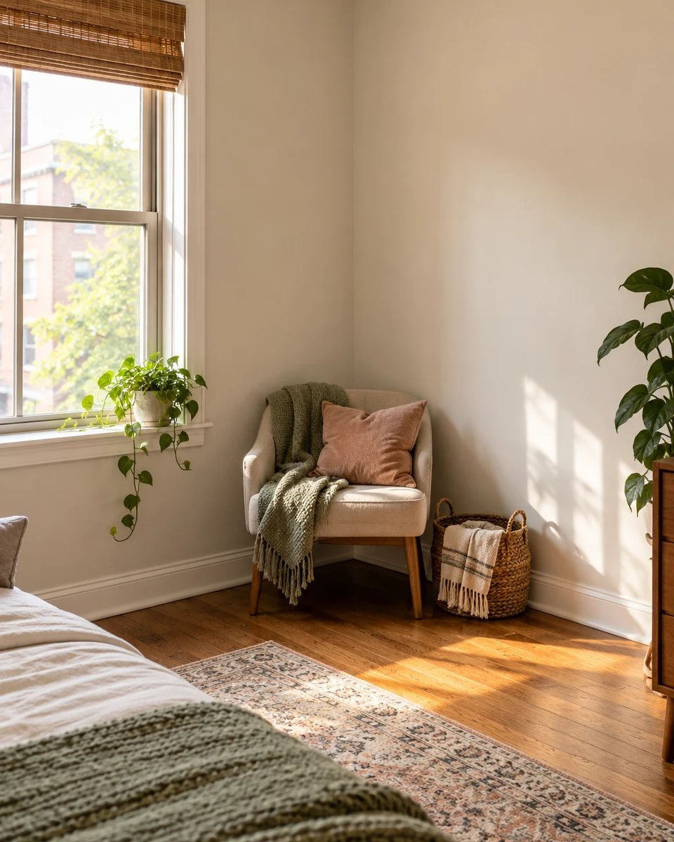 Original same sunlit bedroom corner Before with reading chair and empty wall, unchanged window, rug and floor. before the transformation