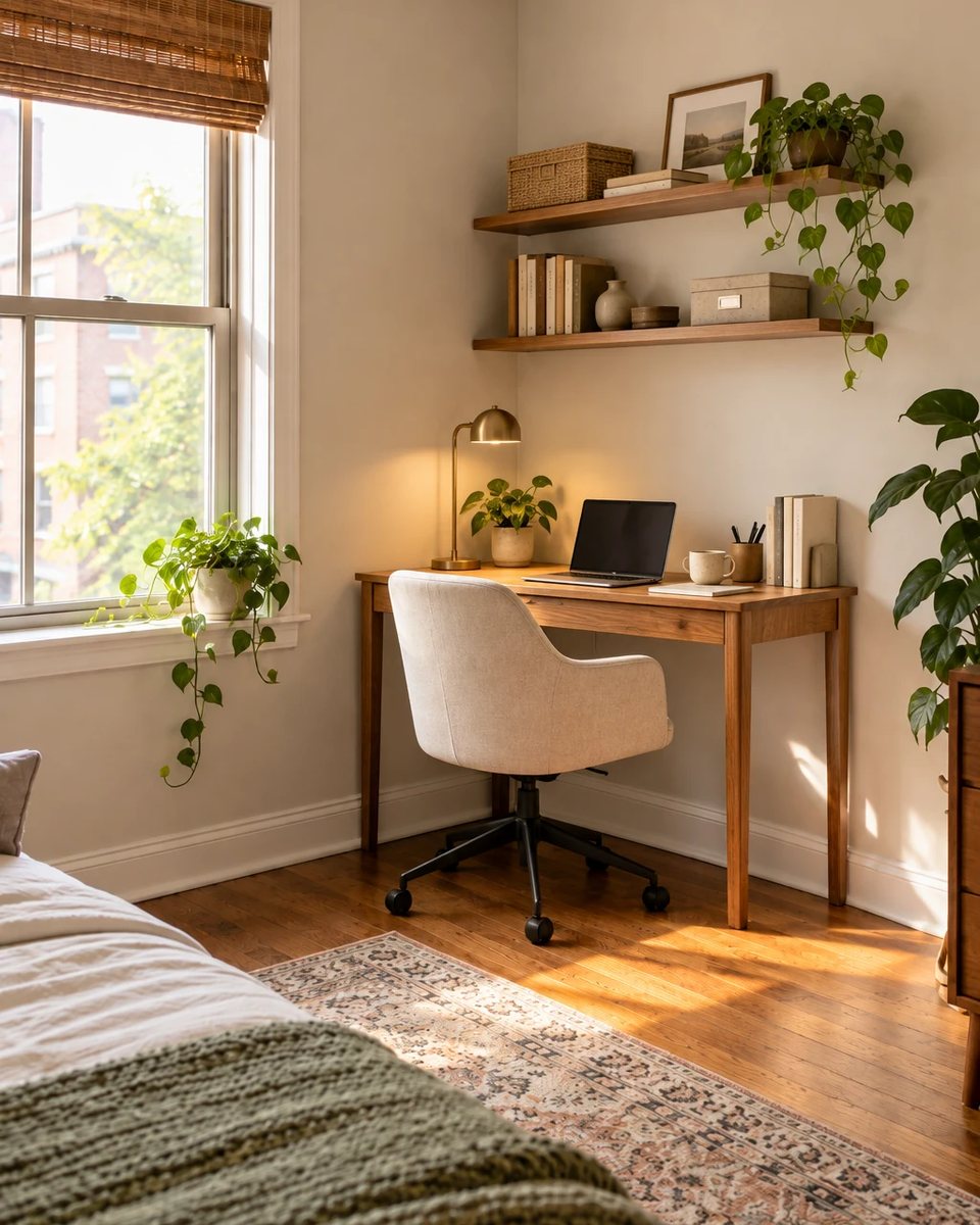 Approved After of the exact same bedroom corner transformed into an organized home office with compact wood desk and storage. after the transformation