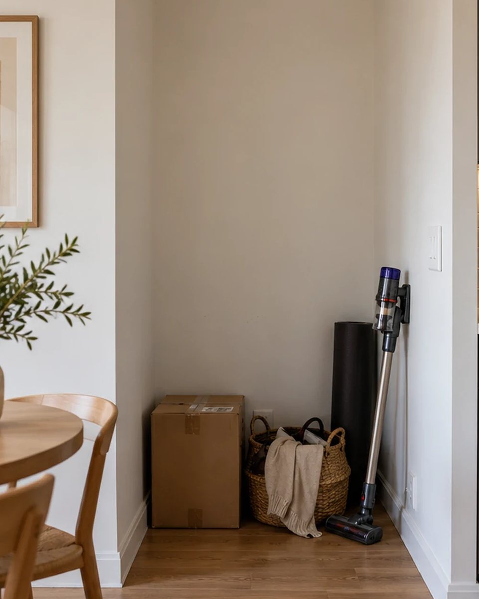Underused narrow apartment alcove before coffee transformation, with boxes, storage basket and vacuum. before the transformation