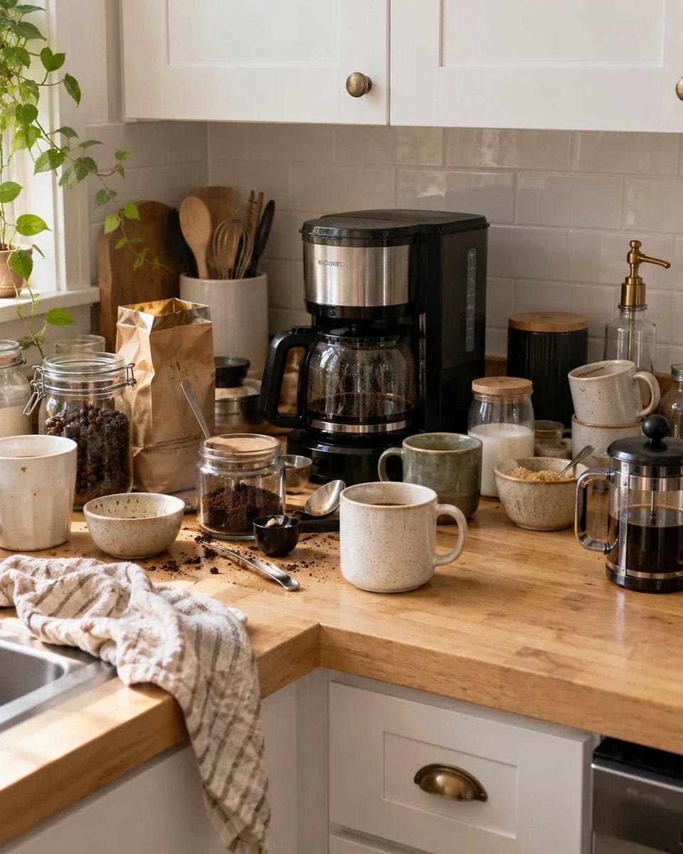 The same small kitchen corner before organizing, with a drip coffee maker, scattered cups, open coffee packaging, and a crowded worktop. before the transformation