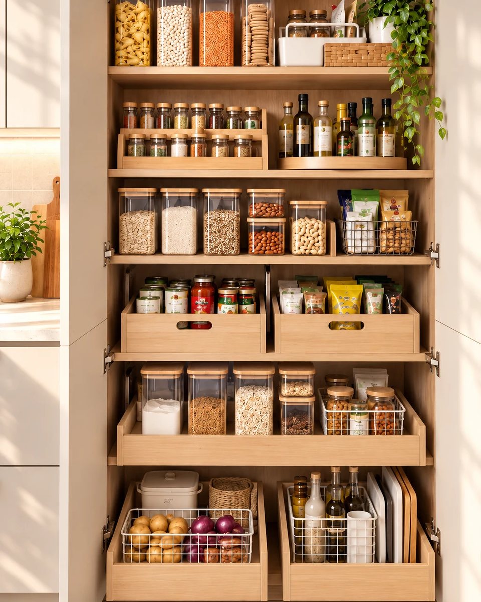 Approved After of the same kitchen pantry, transformed with accessible wooden pull-out drawers, spices, clear jars and organized basket zones. after the transformation