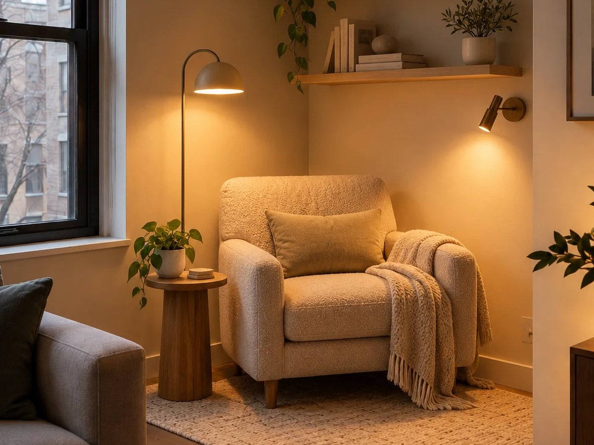 Approved finished small living room corner with an ivory reading chair, warm brass lamps, oak shelves, wood side table and beige rug.