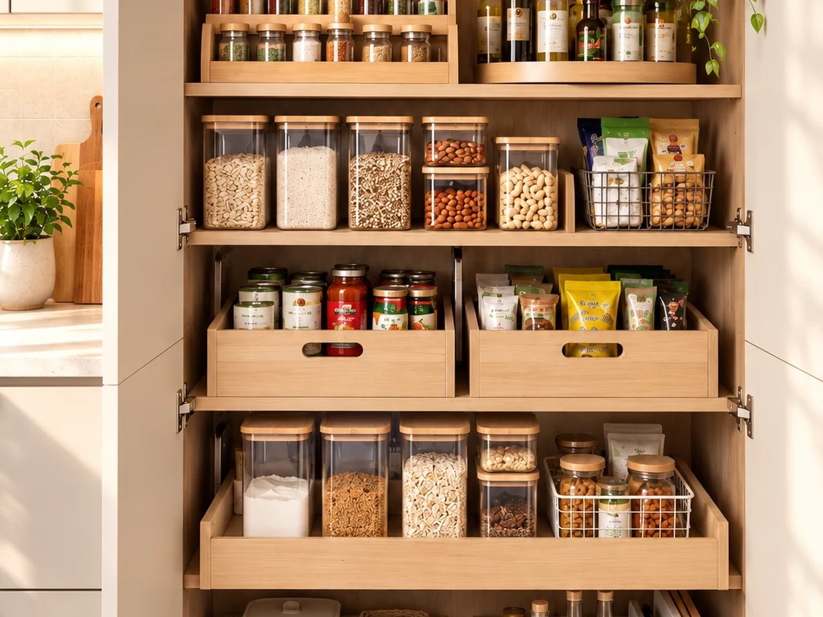 Approved Pinterest-style finished tall kitchen pantry with pull-out wood drawers, clear airtight containers, stepped spice organizers and produce baskets.