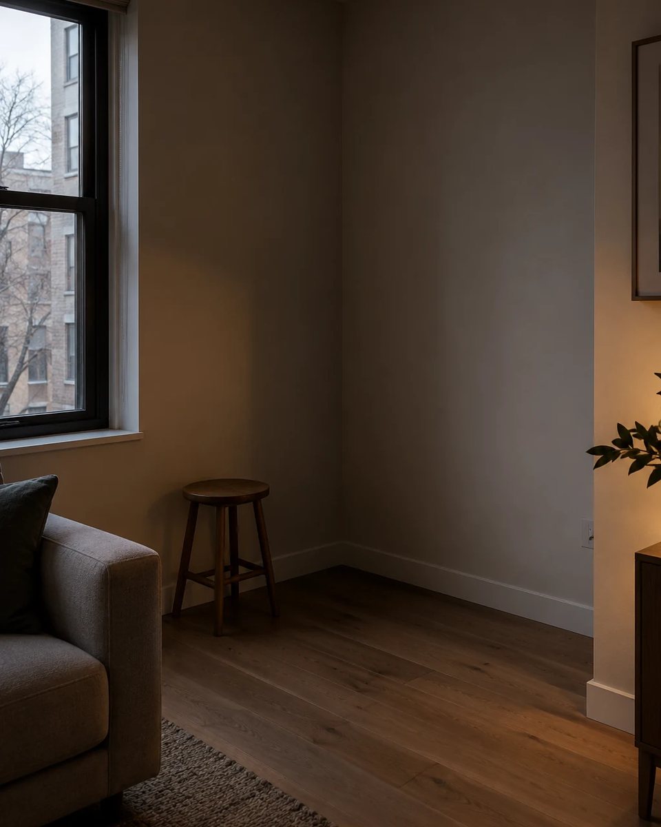 The same apartment living room corner before transformation with empty wall, dark unlit corner, same window and existing sofa. before the transformation