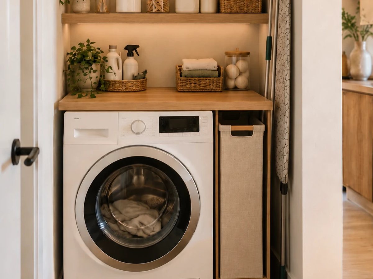 Edited small laundry nook after transformation with oak shelving, slim beige hamper, woven baskets and no large floor basket.