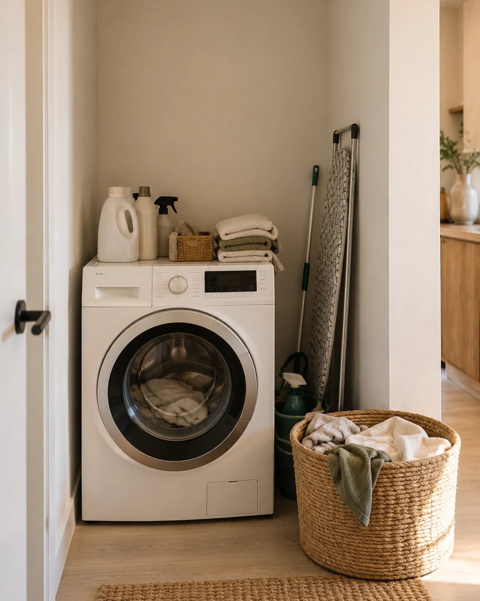 Small laundry alcove before transformation, featuring front-load washer and loose laundry supplies. before the transformation