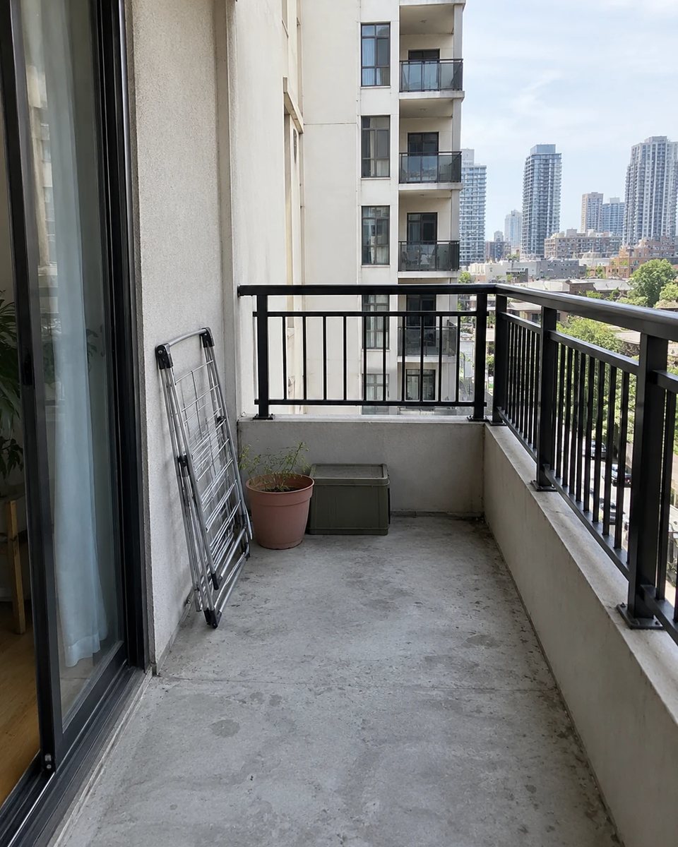 The original same city balcony before the makeover, with an exposed outdoor floor and little usable furnishing. before the transformation