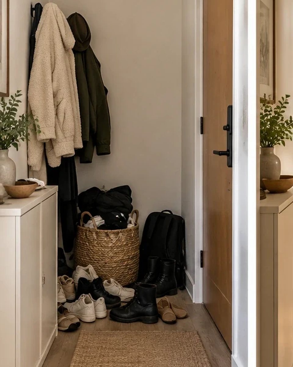 A narrow apartment entryway before organization, with scattered shoes, coats and bags near the door. before the transformation