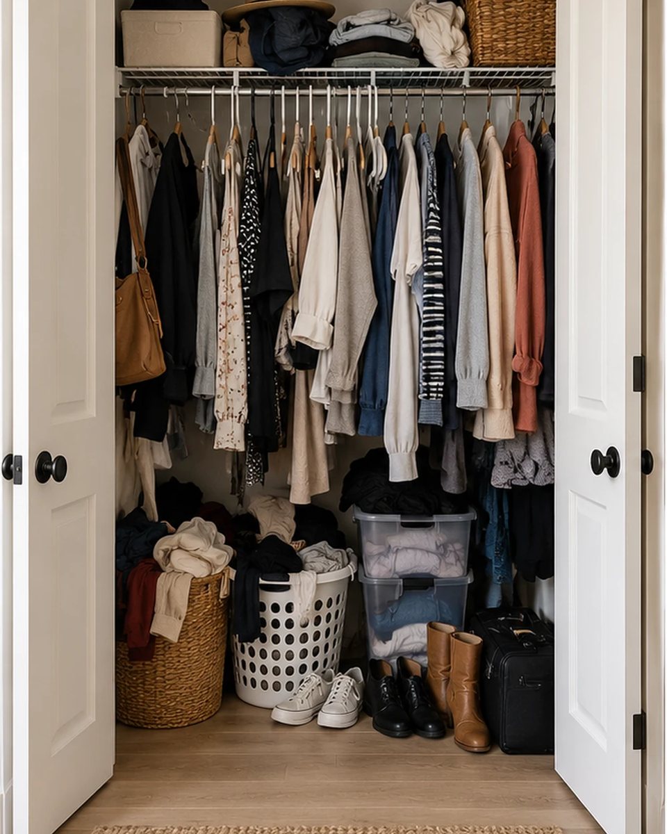 Approved Before photo of the same white-door apartment closet crowded with mixed hanging clothes, overflow bins and shoes. before the transformation
