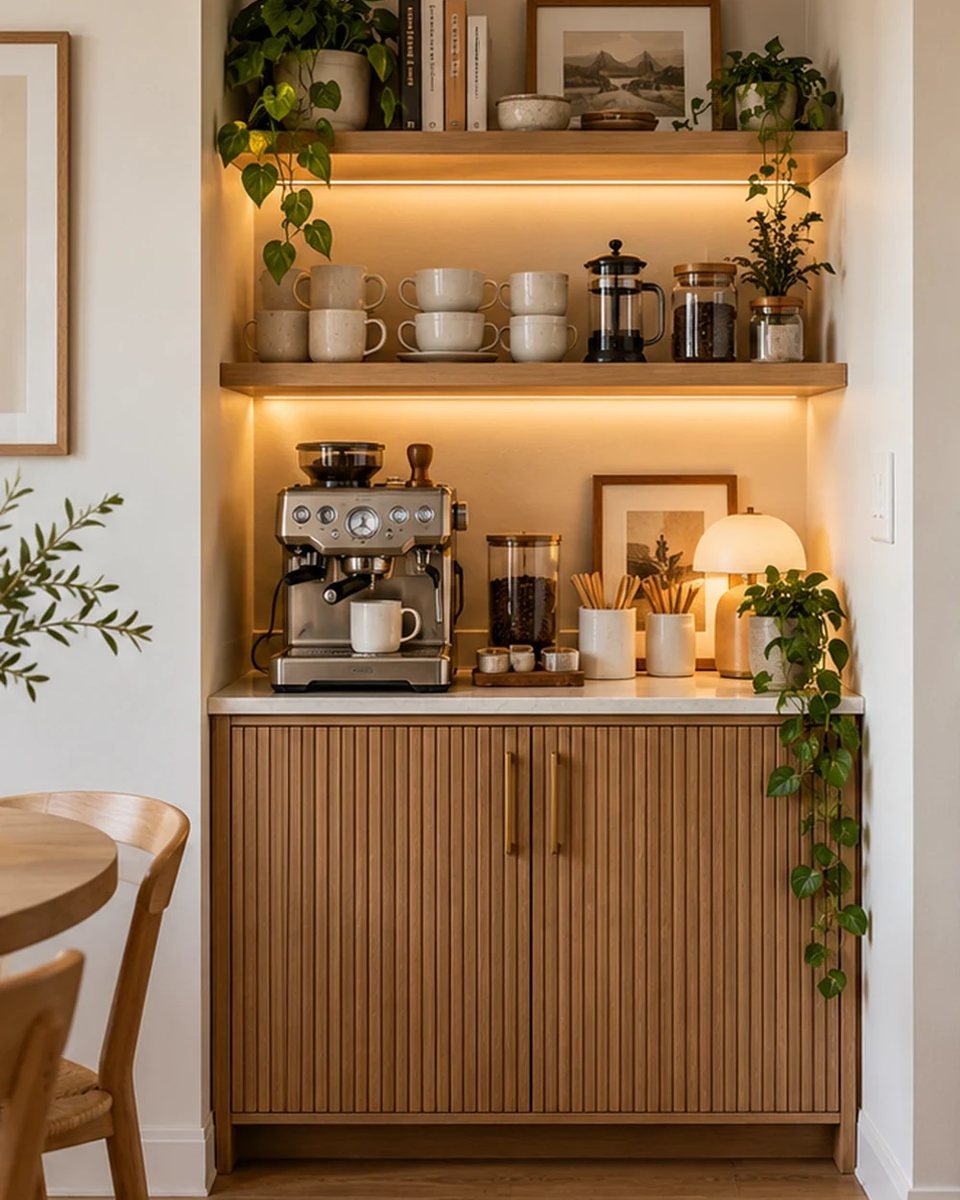 Same narrow alcove after makeover into a dedicated coffee bar with light wood cabinet, floating oak shelves, espresso machine and warm lights. after the transformation