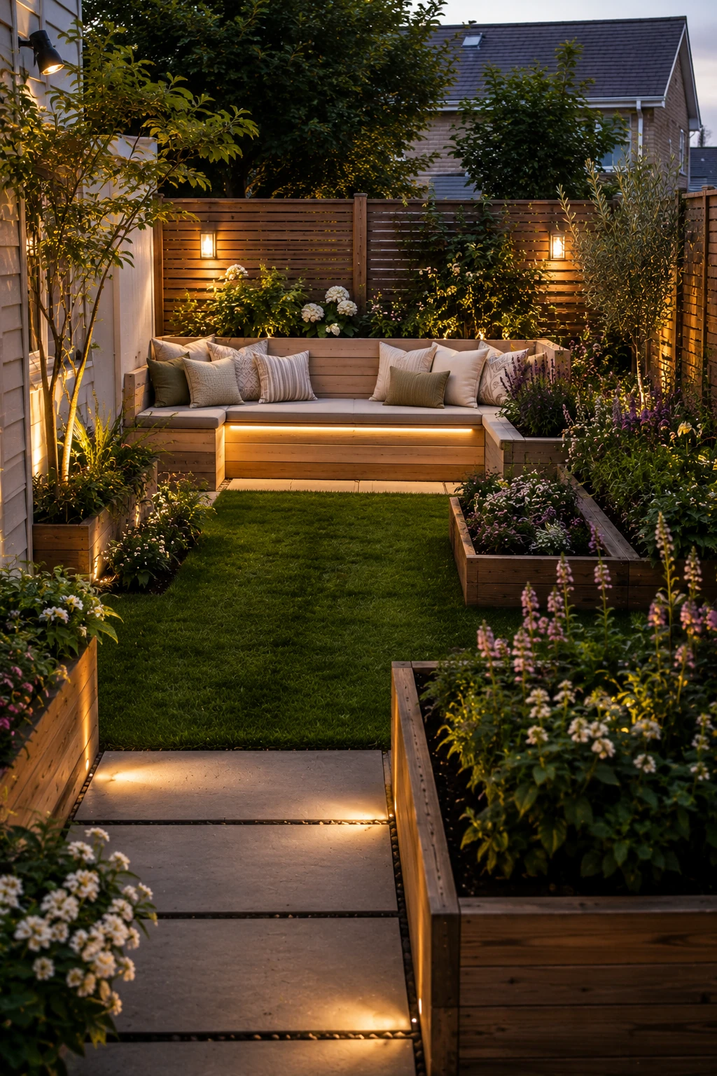 Tiny backyard with built-in bench seating