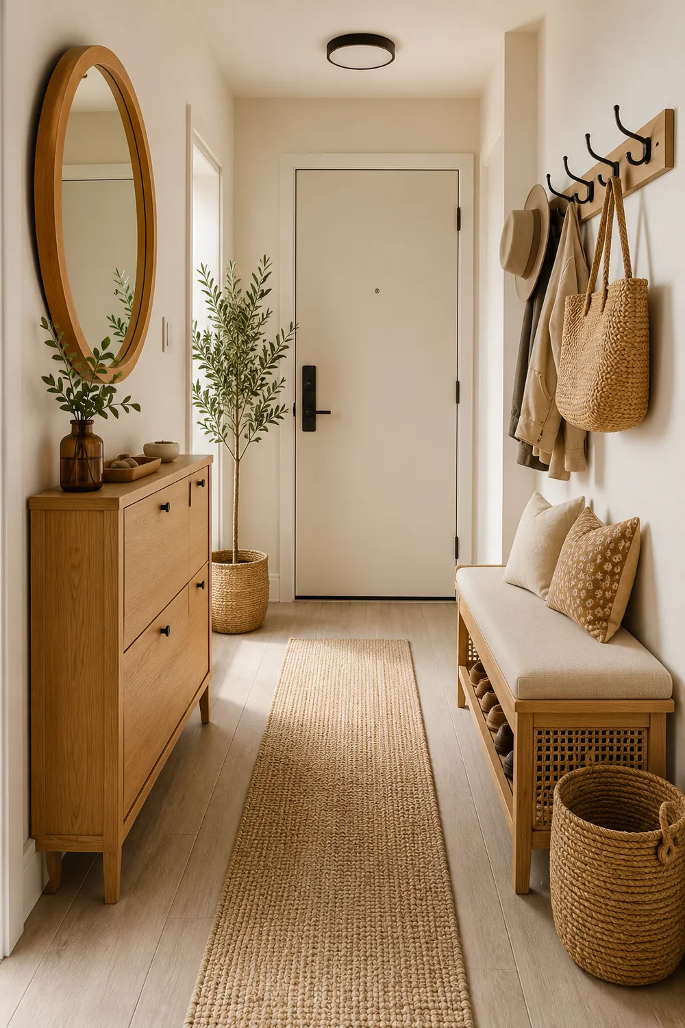 Warm neutral styling details in the completed entryway
