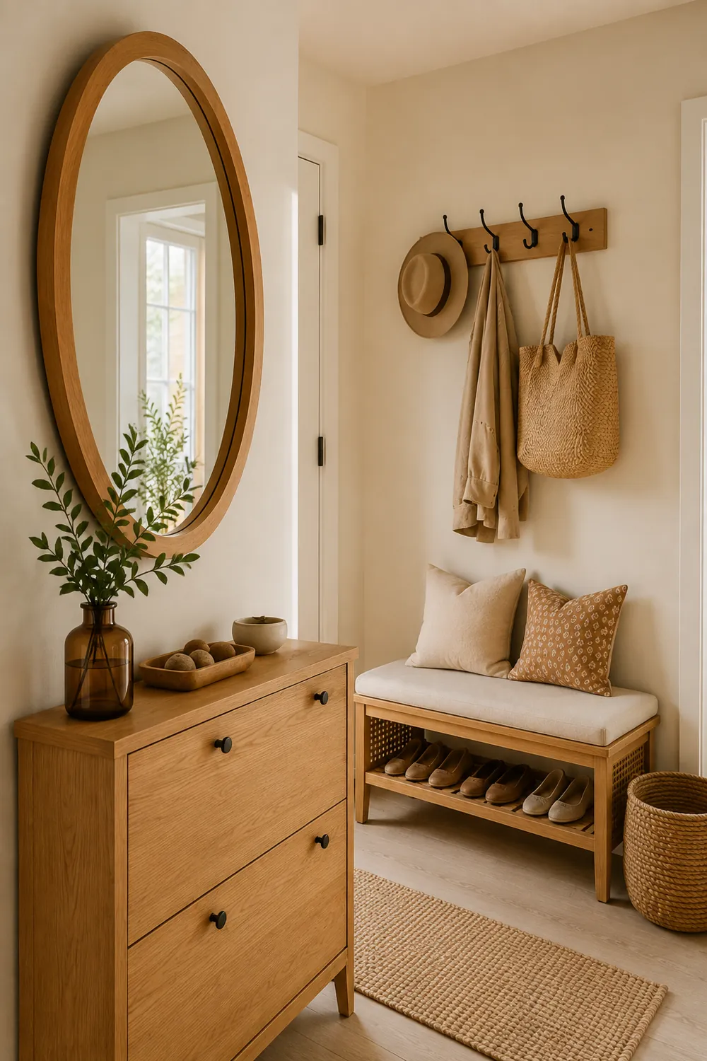 Storage bench in the transformed small entryway