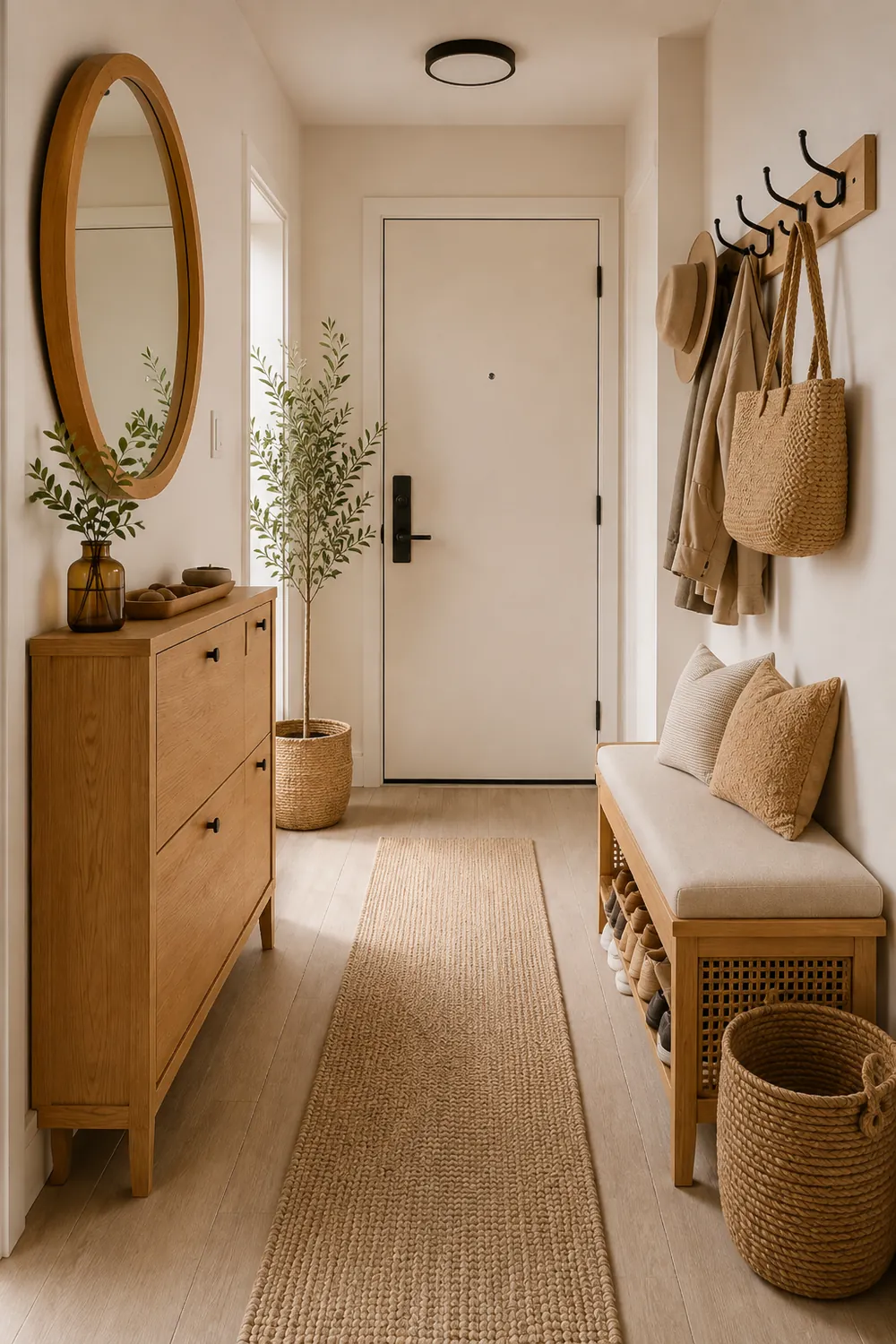 Large mirror above the entryway bench