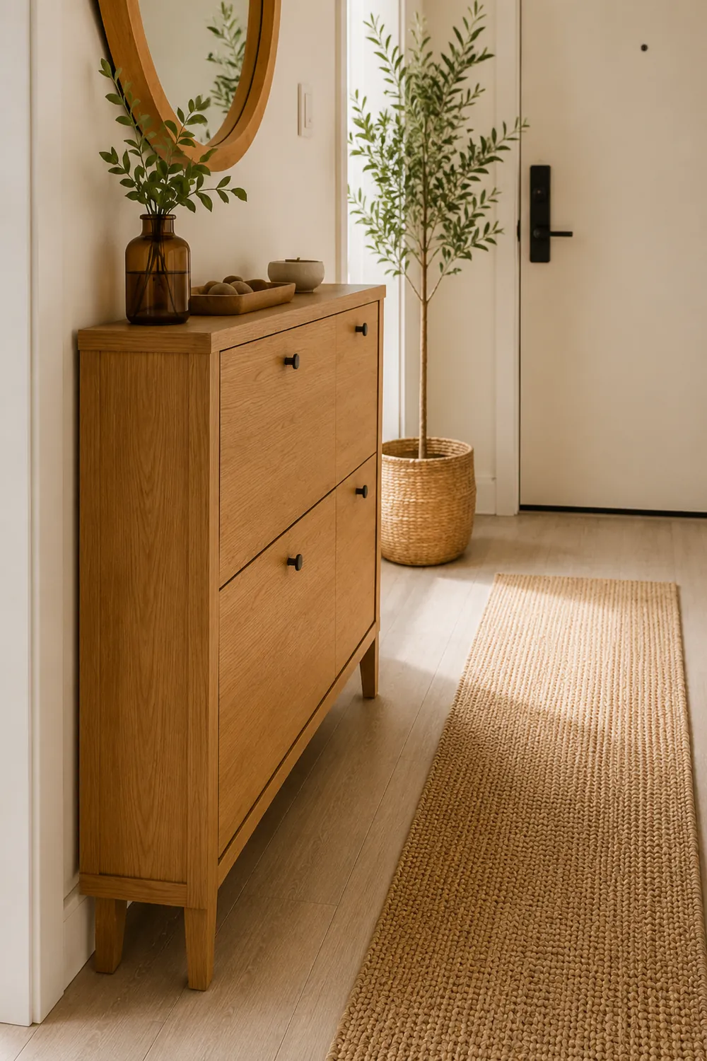Coordinated wall hooks for coats and bags in a small entryway
