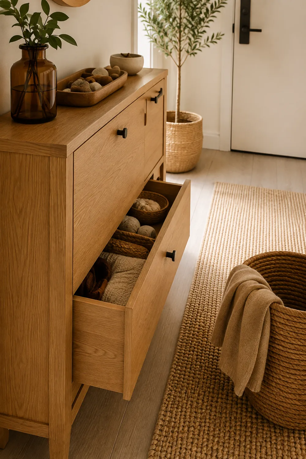 Slim closed shoe cabinet in the finished entryway