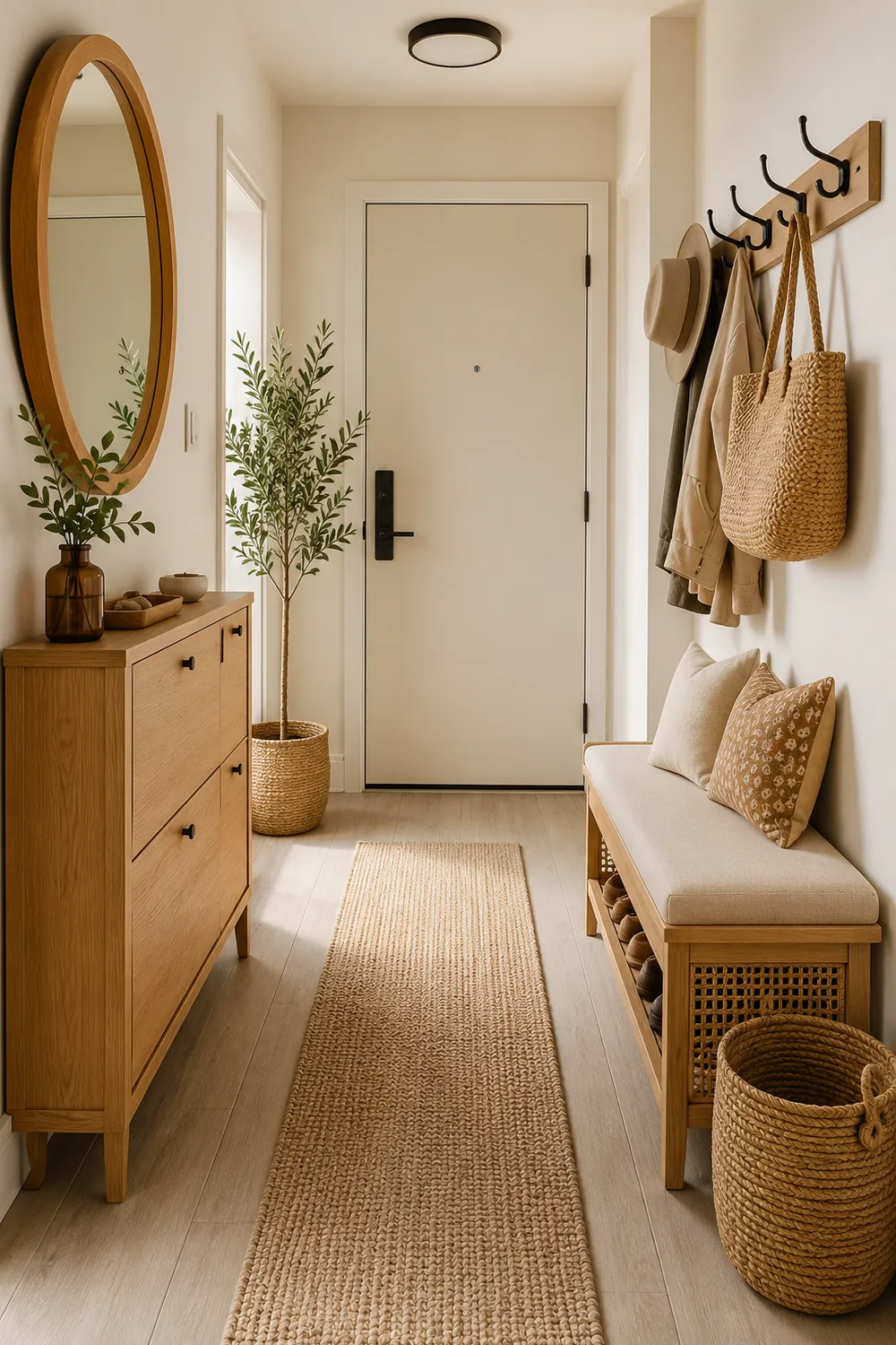 Complete small entryway setup with bench, mirror, shoe storage, hooks and warm decor