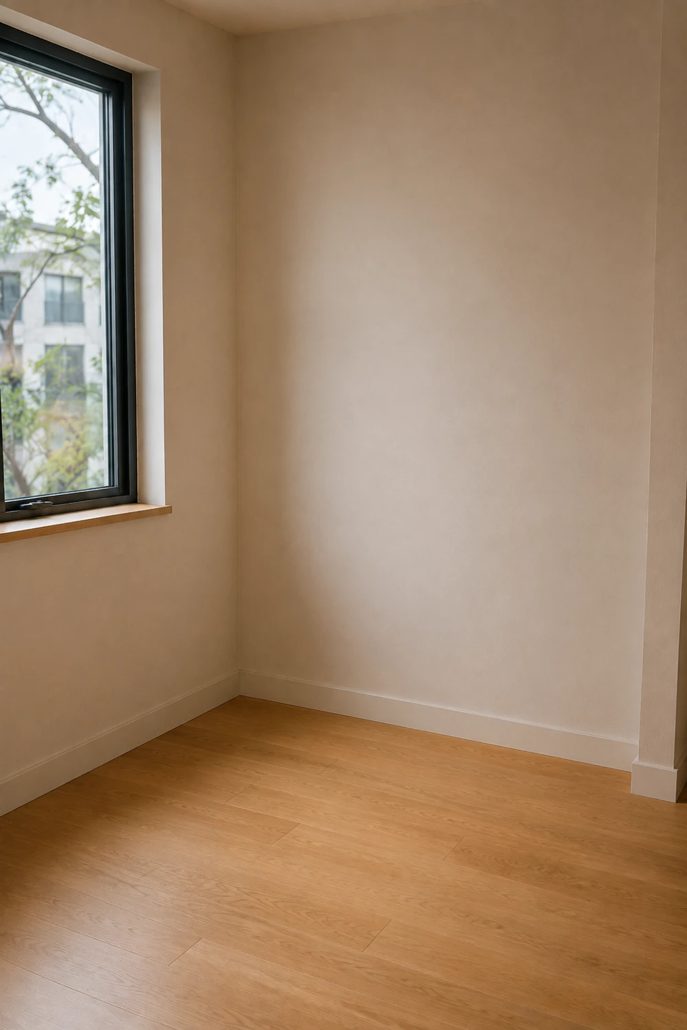 Empty apartment corner before cozy reading nook makeover