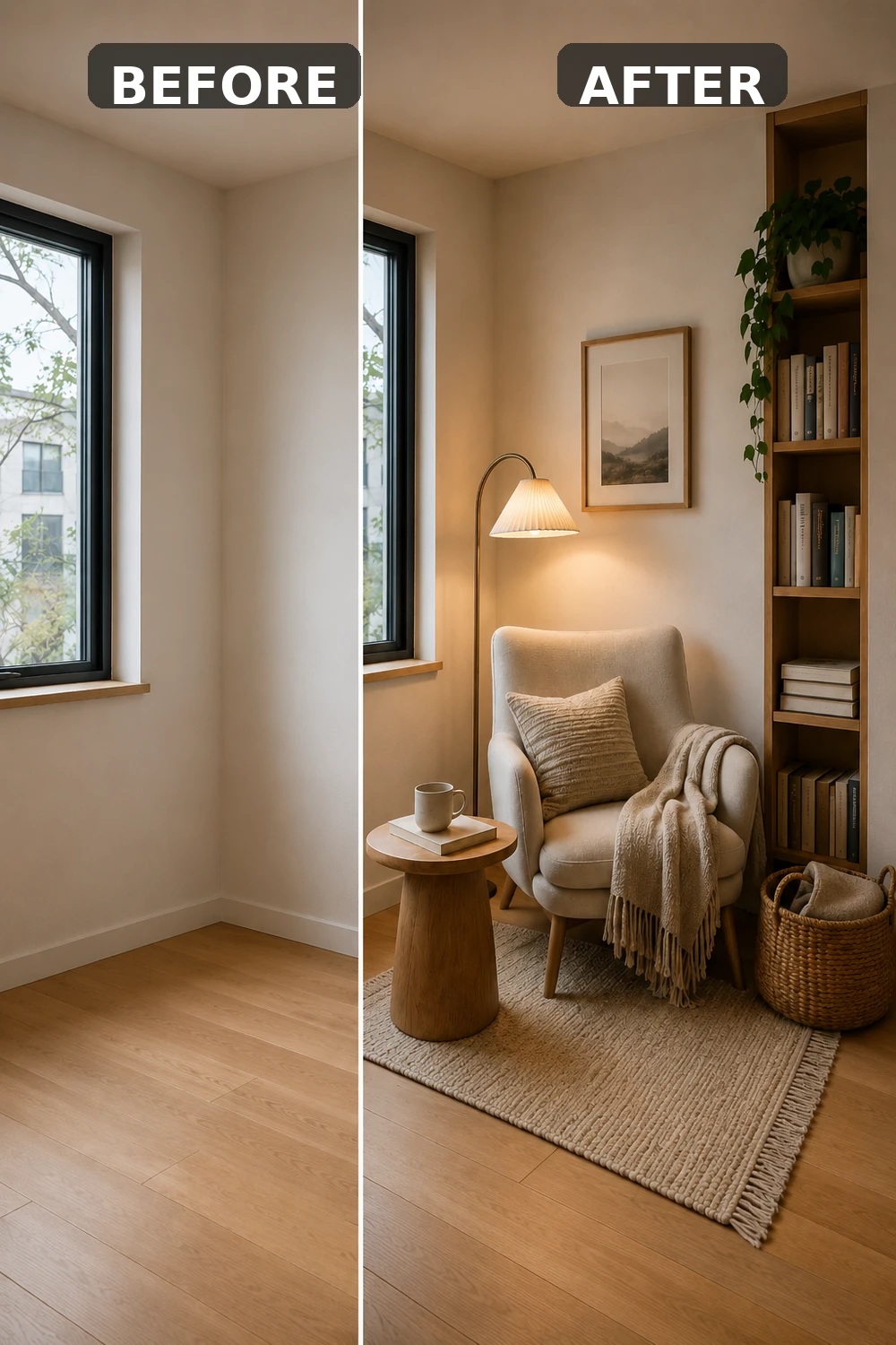 Before and after empty corner transformed into a cozy reading nook