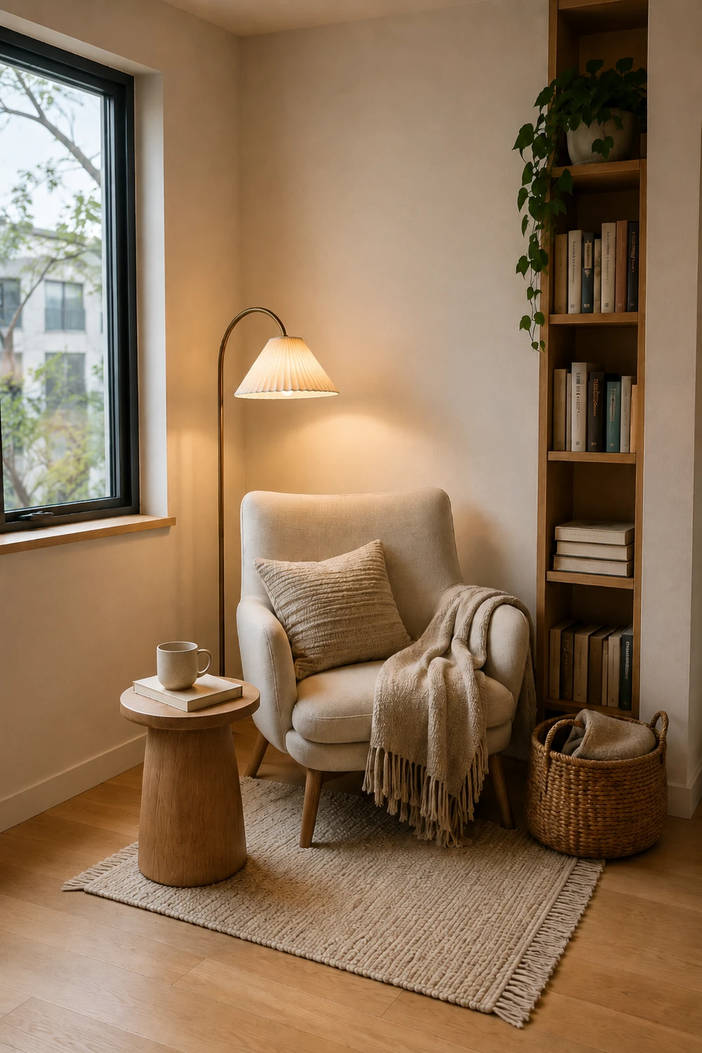 Finished cozy Scandinavian reading nook with beige chair, narrow book storage and warm light