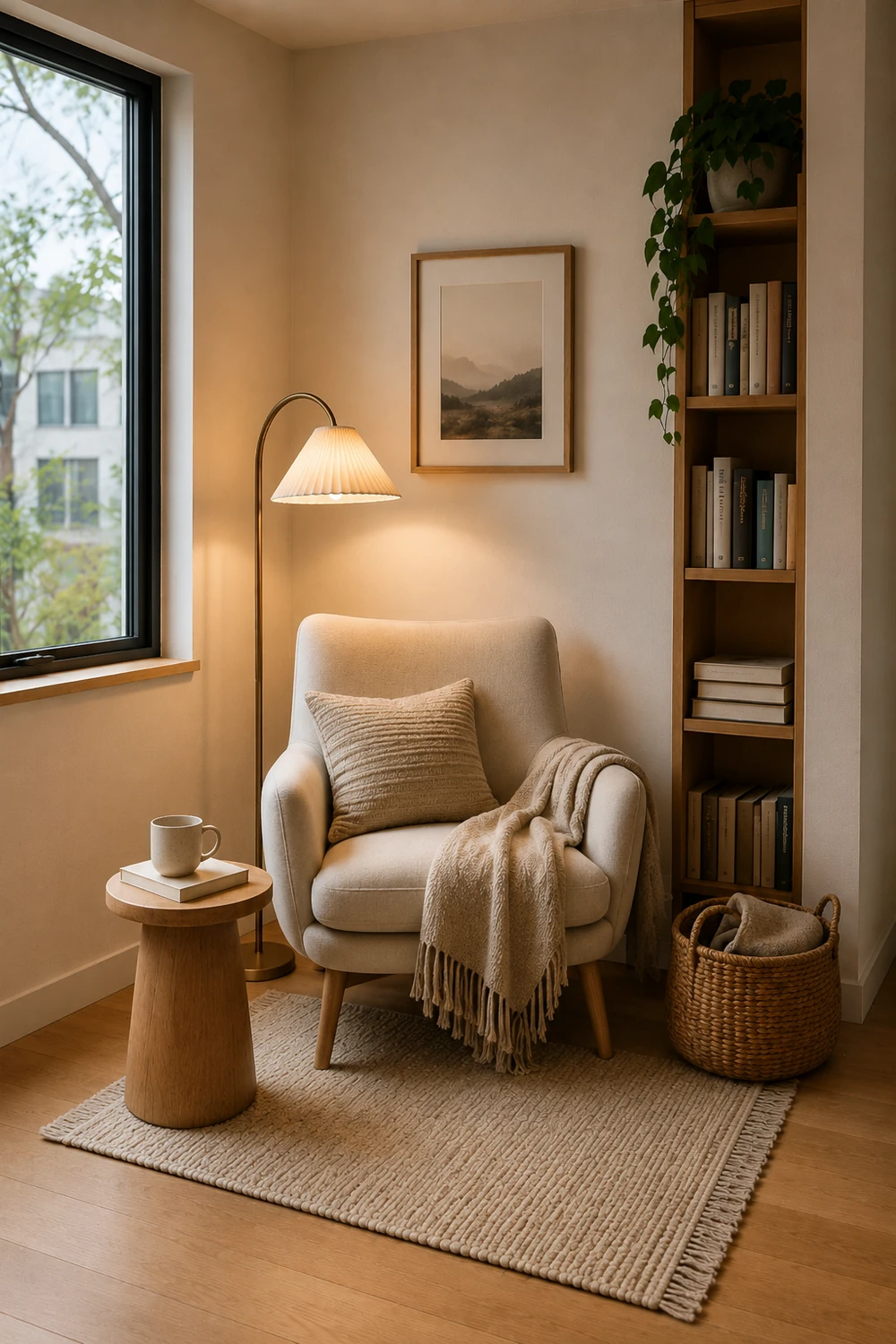 Cozy Scandinavian reading nook layout with chair, bookcase, reading light, side table and rug