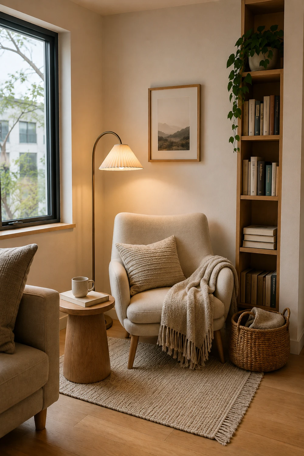 Copy This Room core Scandinavian reading nook with beige chair, narrow bookcase, side table and reading light