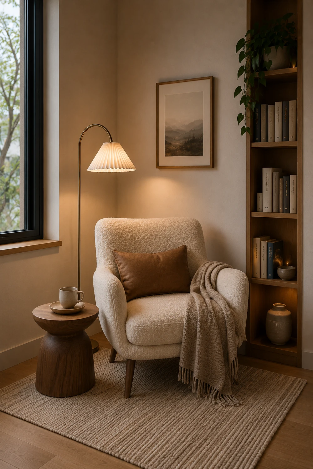 Premium Scandinavian reading nook with oak furniture and bouclé chair