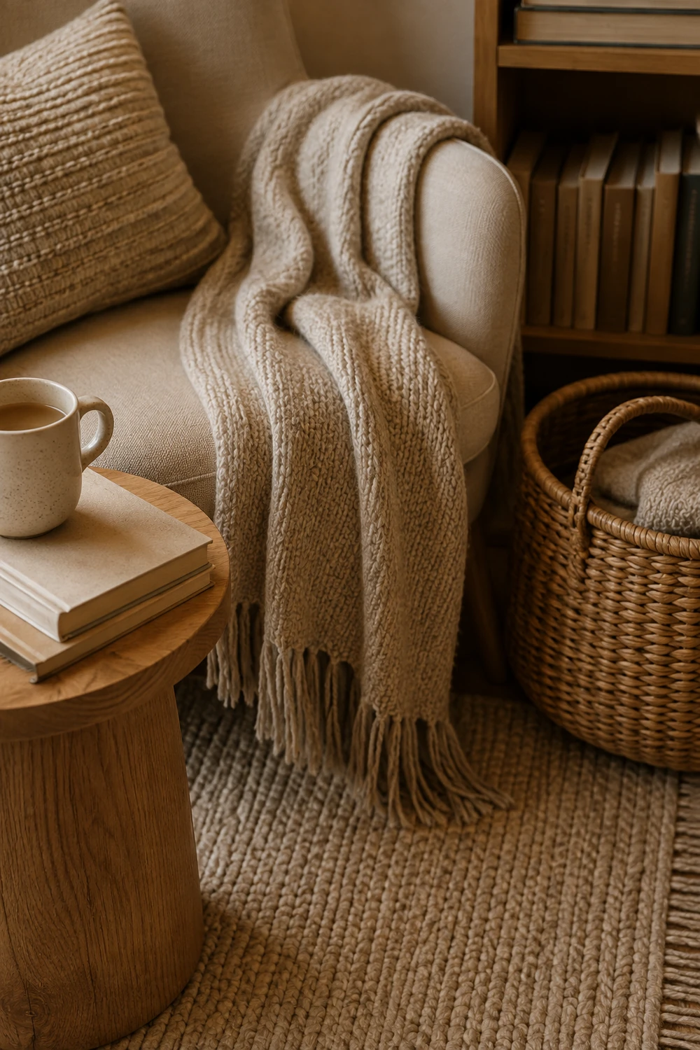 Cozy reading nook texture details with neutral textiles, books and natural materials