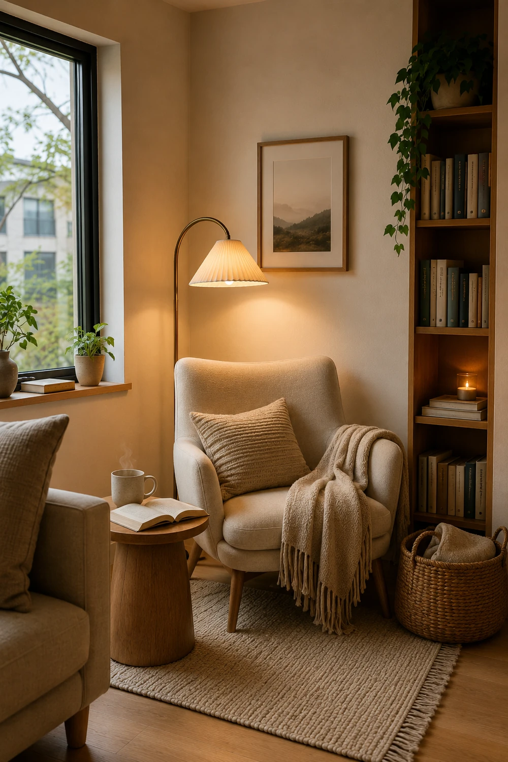 Finished cozy reading nook in an unused apartment corner