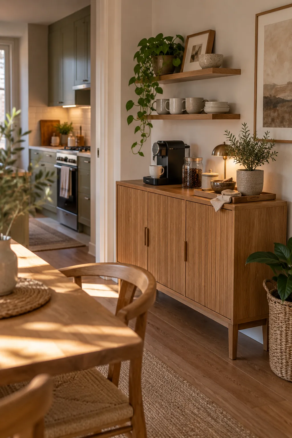 Living room coffee station on a narrow console table