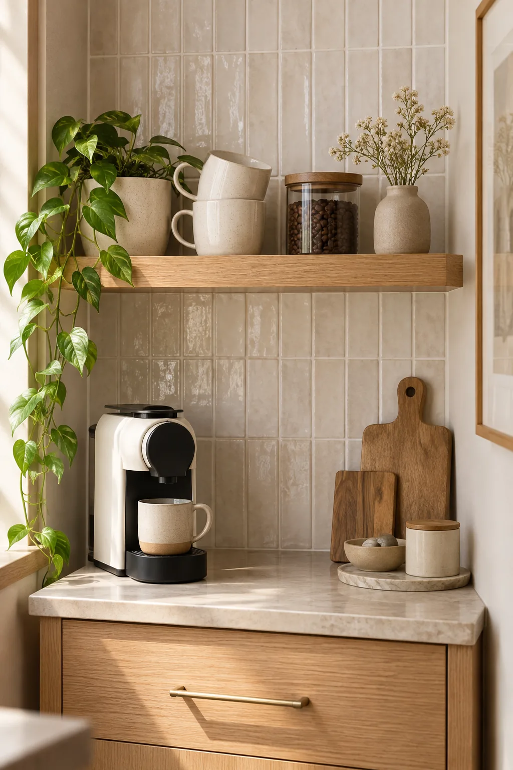 Floating shelf coffee nook in a narrow apartment kitchen