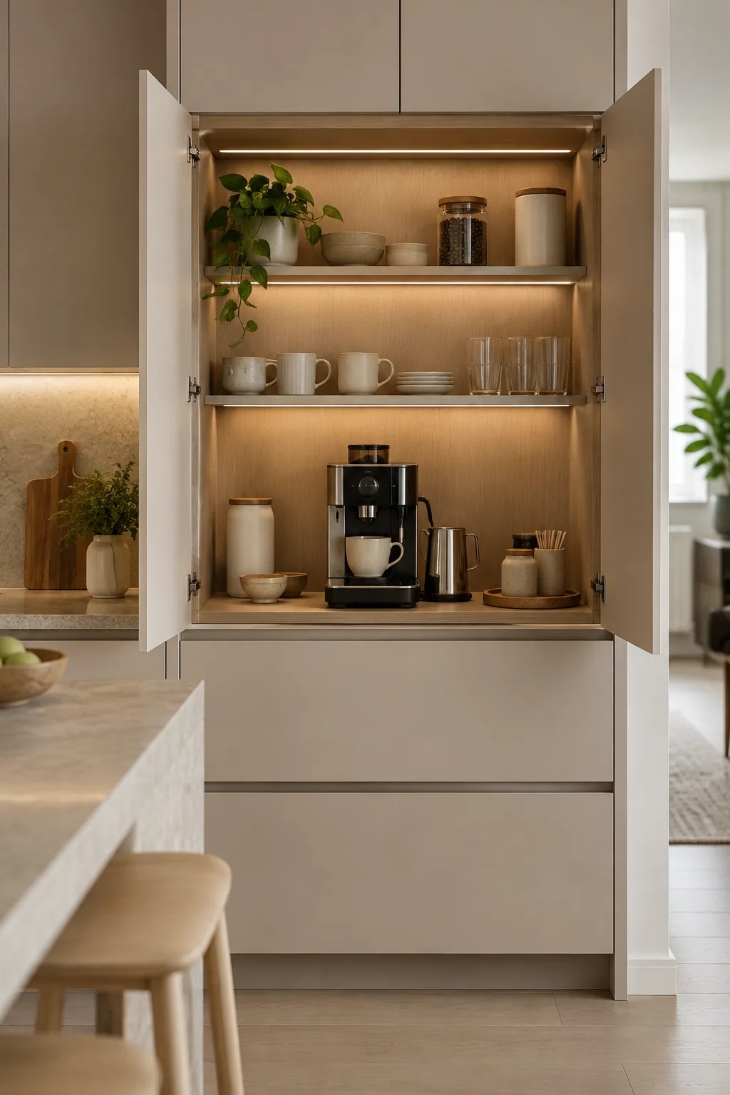 Coffee bar cabinet in a small apartment dining area