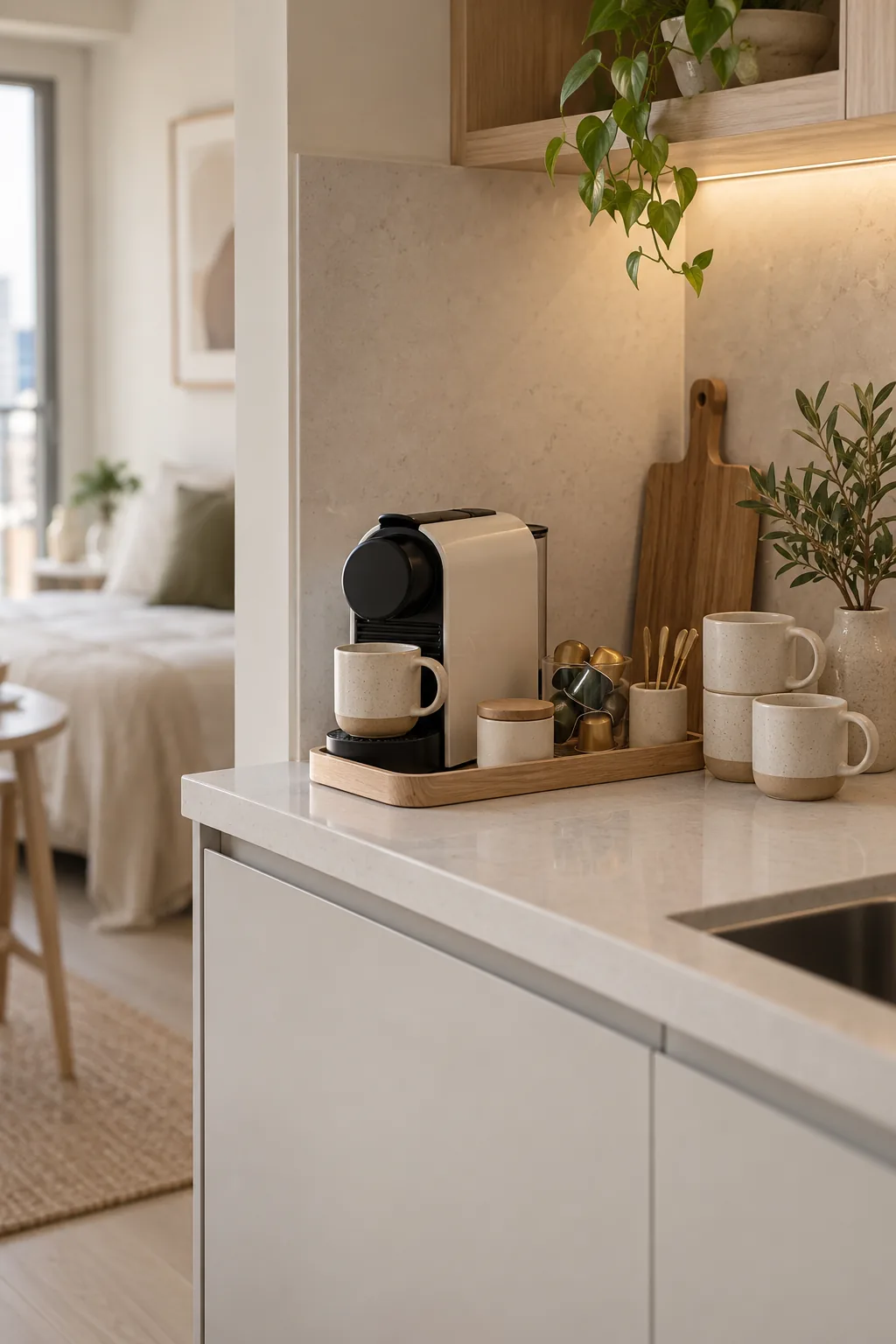 Minimalist countertop coffee station in a small apartment
