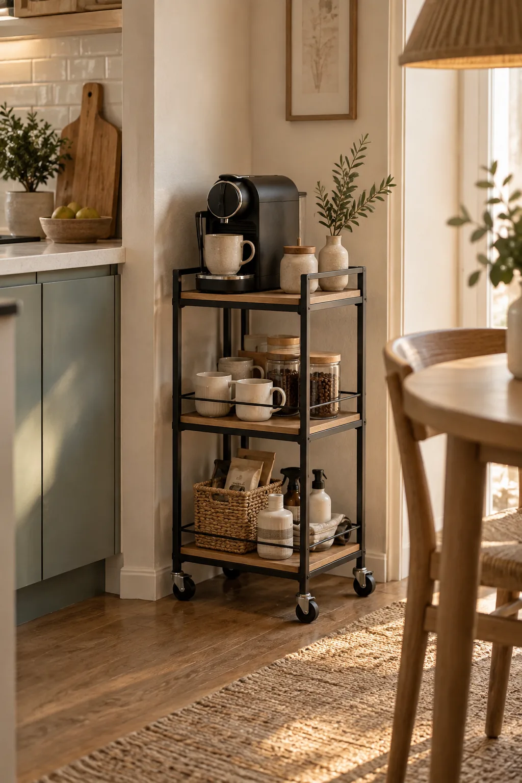Rolling coffee cart in an apartment corner