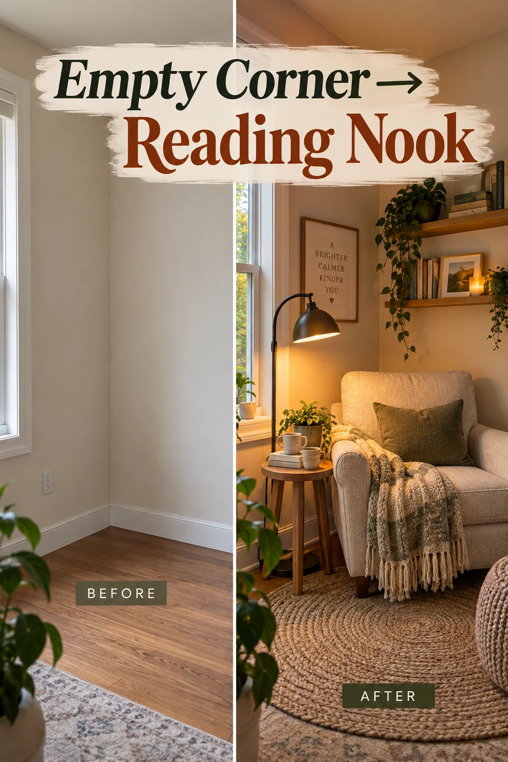 Empty corner transformed into a cozy reading nook