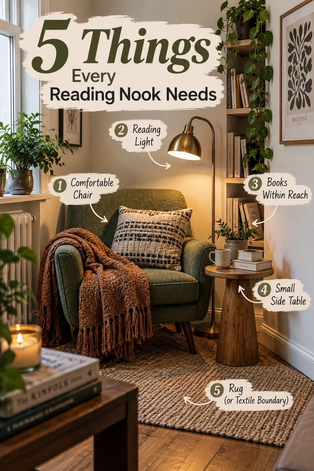 Five things every reading nook needs: chair, light, books, side table and rug